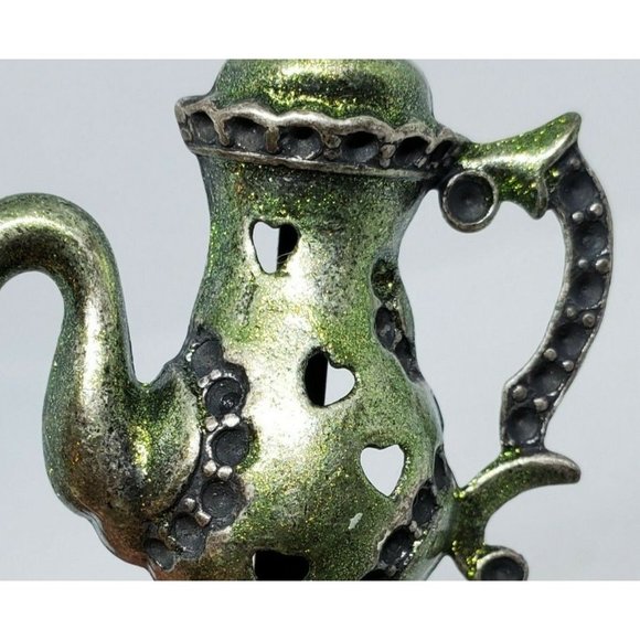 Rare Green Tea Kettle Lapel Pin Heart Embossed Hat Brooch - Picture 8 of 10